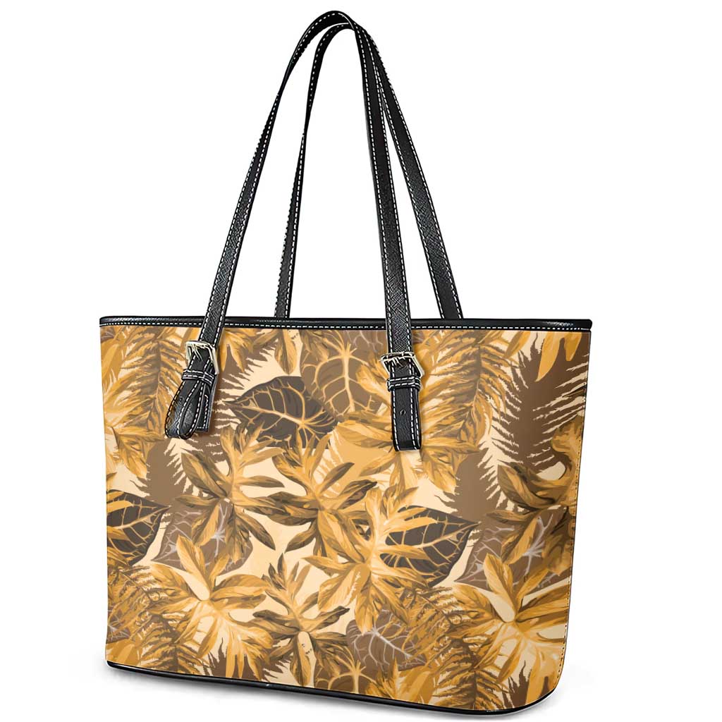 Hawaii Gold Tropical Leaves Leather Tote Bag - Polynesian Pride