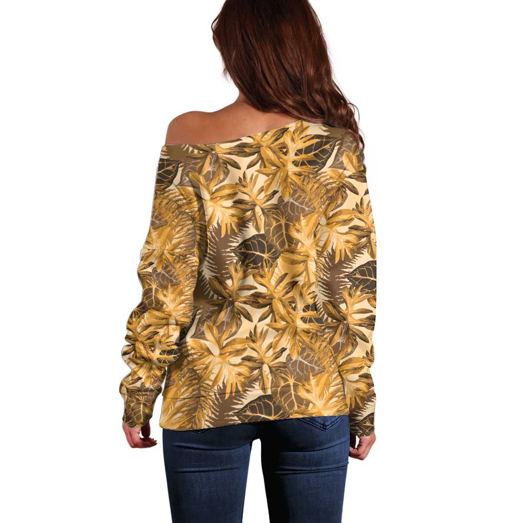 Hawaii Gold Tropical Leaves Off Shoulder Sweater - Polynesian Pride