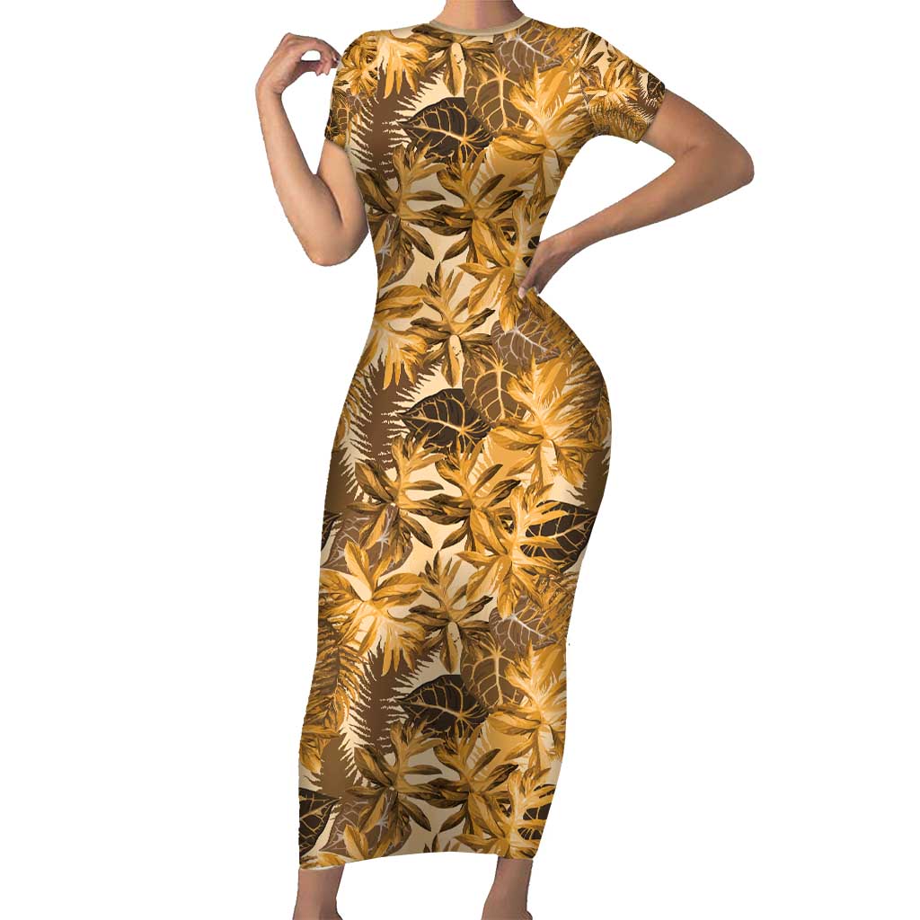 Hawaii Gold Tropical Leaves Short Sleeve Bodycon Dress - Polynesian Pride