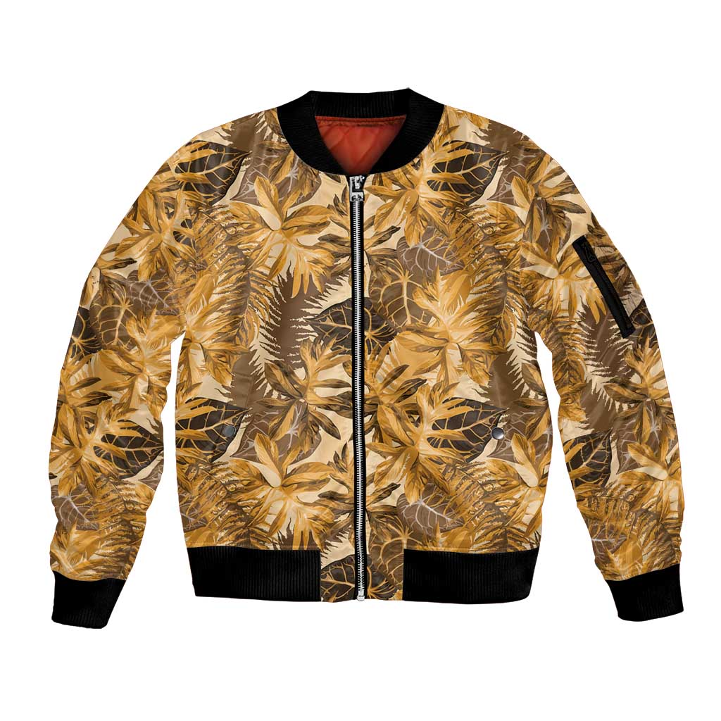 Hawaii Gold Tropical Leaves Sleeve Zip Bomber Jacket - Polynesian Pride
