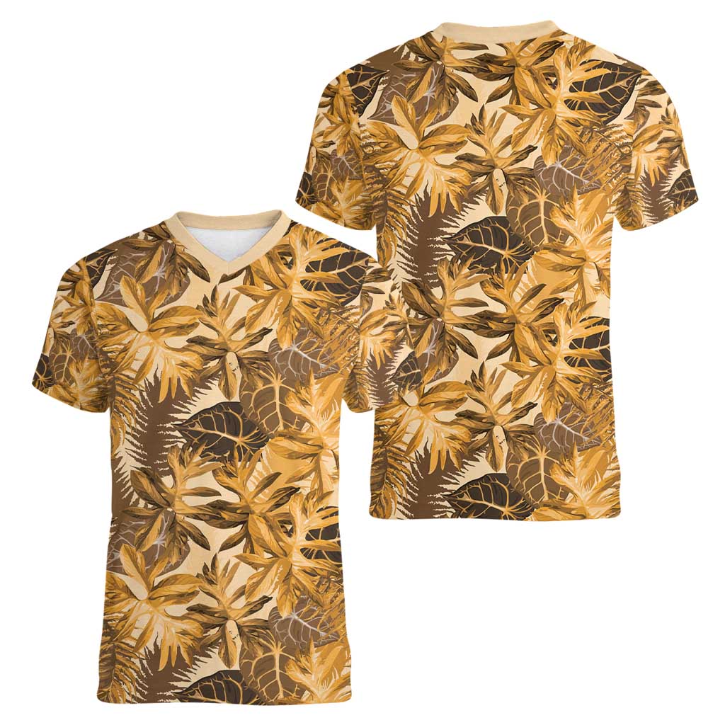 Hawaii Gold Tropical Leaves Women V-Neck T-Shirt - Polynesian Pride
