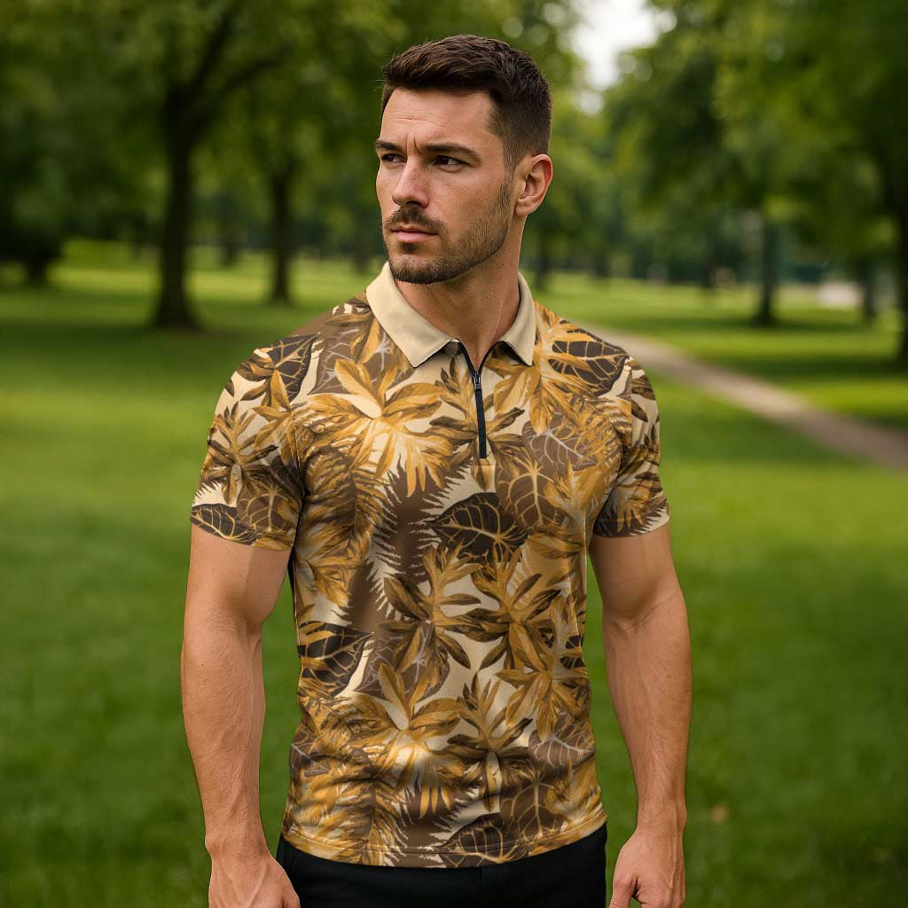 Hawaii Gold Tropical Leaves Zipper Polo Shirt - Polynesian Pride