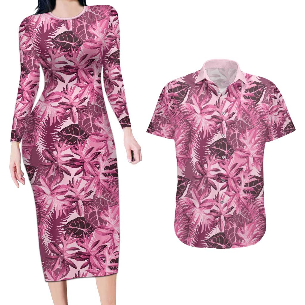 Hawaii Pink Tropical Leaves Couples Matching Long Sleeve Bodycon Dress and Hawaiian Shirt - Polynesian Pride