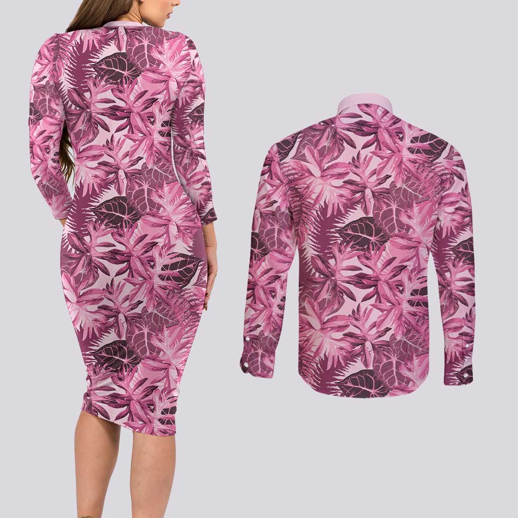Hawaii Pink Tropical Leaves Couples Matching Long Sleeve Bodycon Dress and Long Sleeve Button Shirt - Polynesian Pride