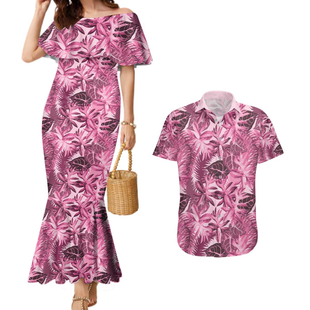 Hawaii Pink Tropical Leaves Couples Matching Mermaid Dress and Hawaiian Shirt LT01 Pink - Polynesian Pride