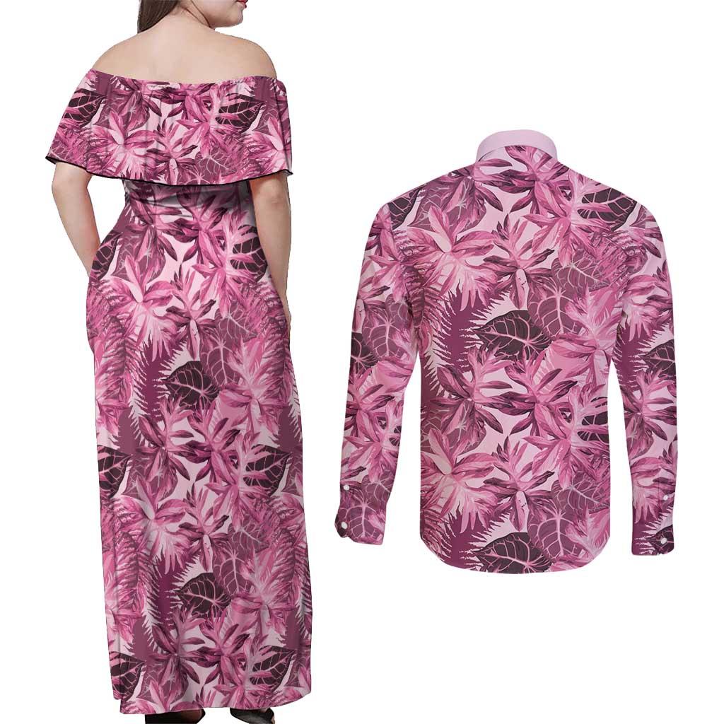 Hawaii Pink Tropical Leaves Couples Matching Off Shoulder Maxi Dress and Long Sleeve Button Shirt - Polynesian Pride
