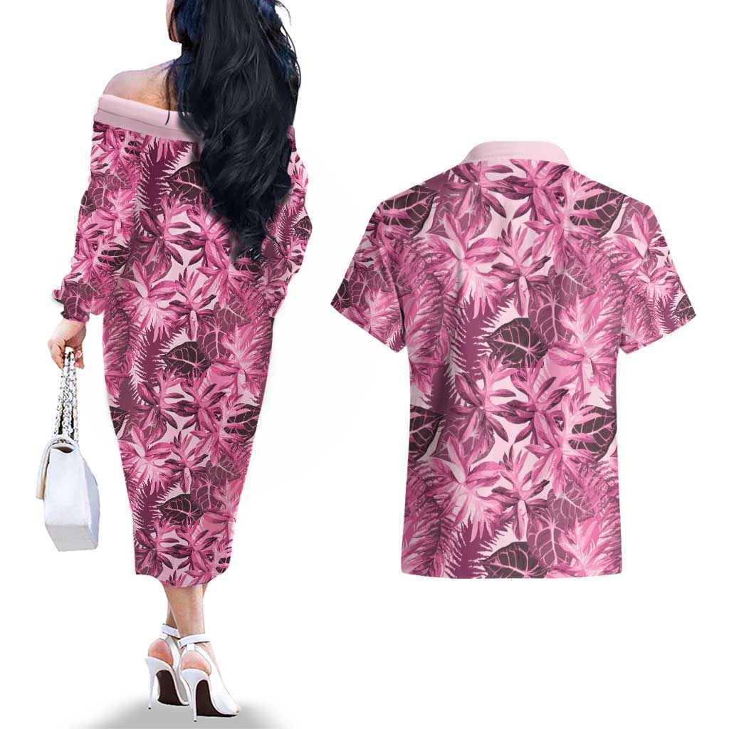 Hawaii Pink Tropical Leaves Couples Matching Off The Shoulder Long Sleeve Dress and Hawaiian Shirt - Polynesian Pride