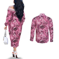 Hawaii Pink Tropical Leaves Couples Matching Off The Shoulder Long Sleeve Dress and Long Sleeve Button Shirt - Polynesian Pride