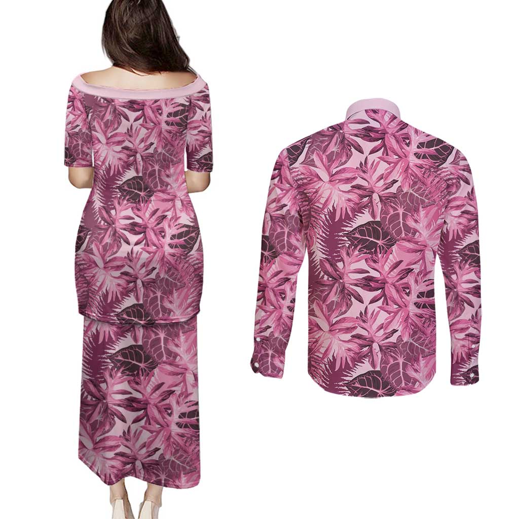 Hawaii Pink Tropical Leaves Couples Matching Puletasi and Long Sleeve Button Shirt - Polynesian Pride