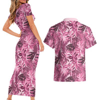Hawaii Pink Tropical Leaves Couples Matching Short Sleeve Bodycon Dress and Hawaiian Shirt - Polynesian Pride