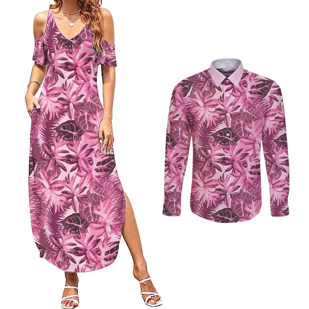 Hawaii Pink Tropical Leaves Couples Matching Summer Maxi Dress and Long Sleeve Button Shirt - Polynesian Pride