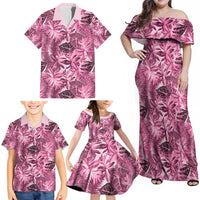 Hawaii Pink Tropical Leaves Family Matching Off Shoulder Maxi Dress and Hawaiian Shirt - Polynesian Pride