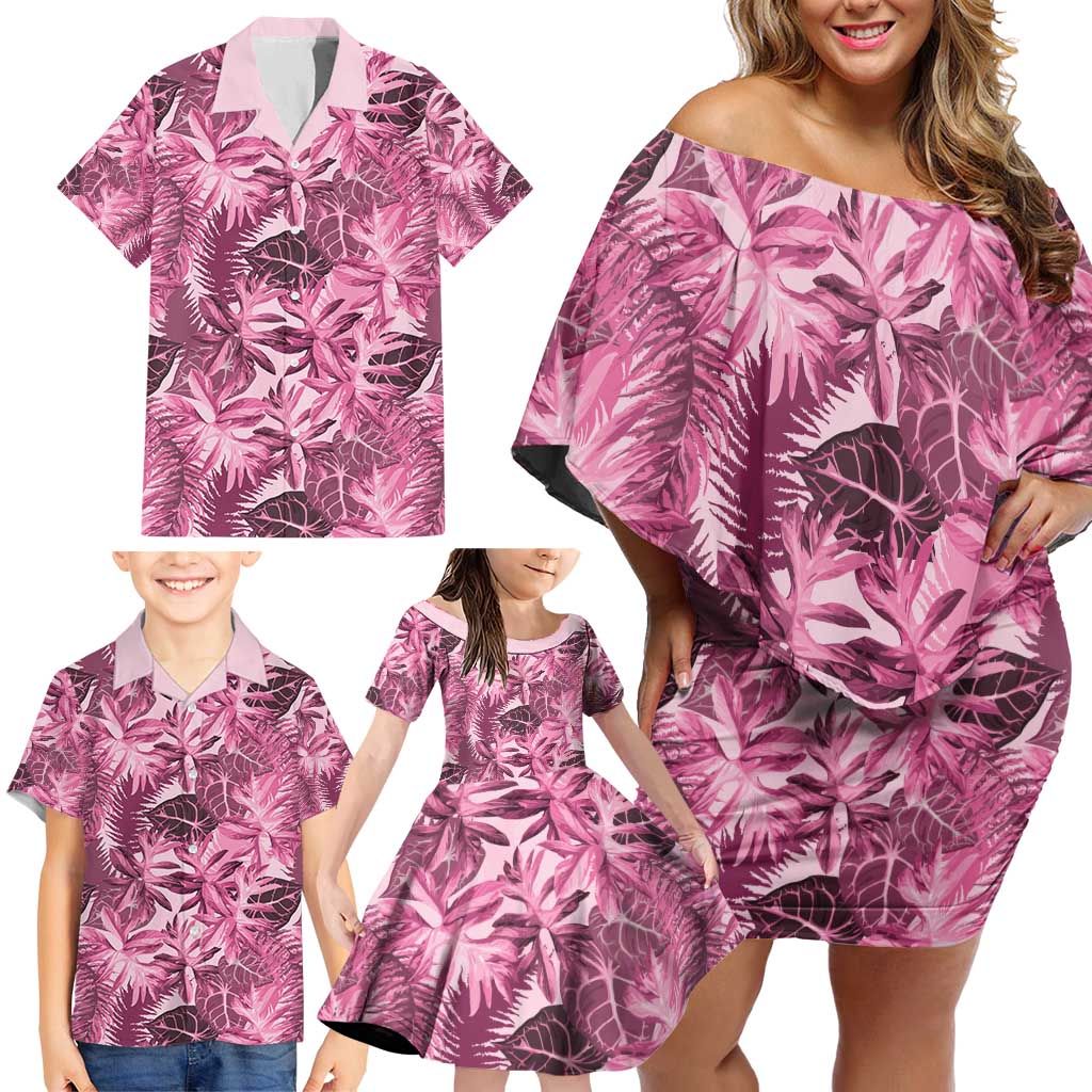 Hawaii Pink Tropical Leaves Family Matching Off Shoulder Short Dress and Hawaiian Shirt - Polynesian Pride