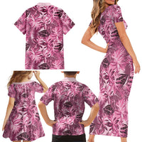 Hawaii Pink Tropical Leaves Family Matching Short Sleeve Bodycon Dress and Hawaiian Shirt - Polynesian Pride