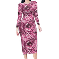 Hawaii Pink Tropical Leaves Long Sleeve Bodycon Dress - Polynesian Pride