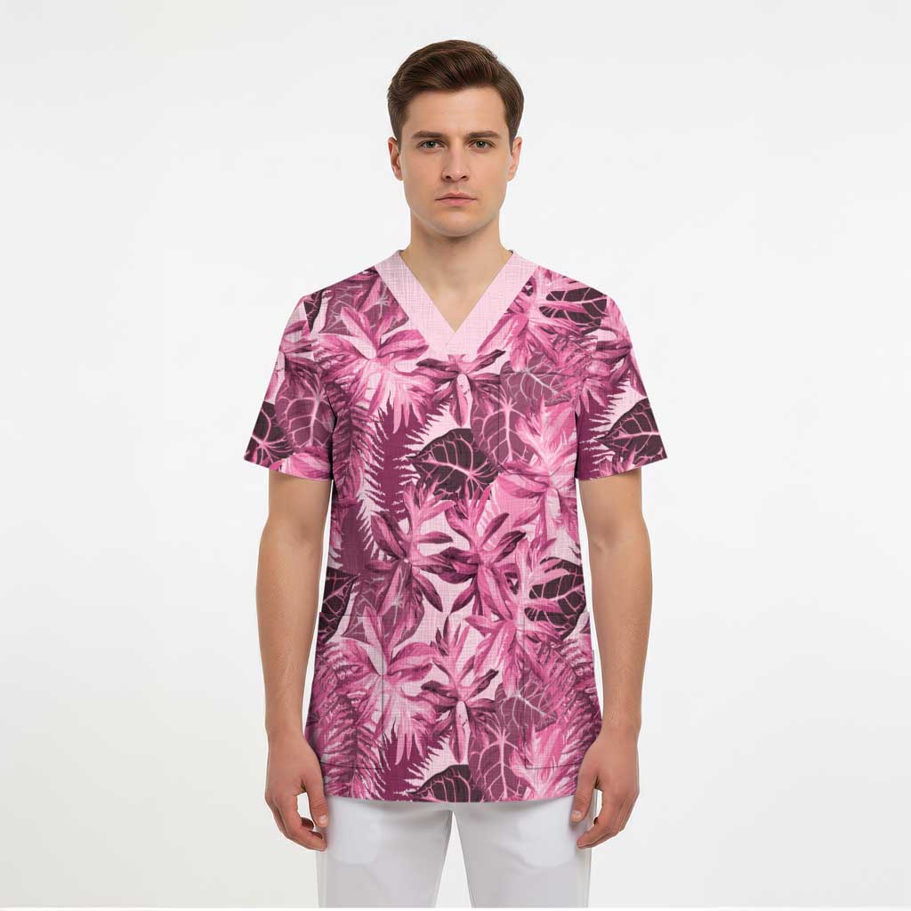 Hawaii Pink Tropical Leaves Scrub Top - Polynesian Pride