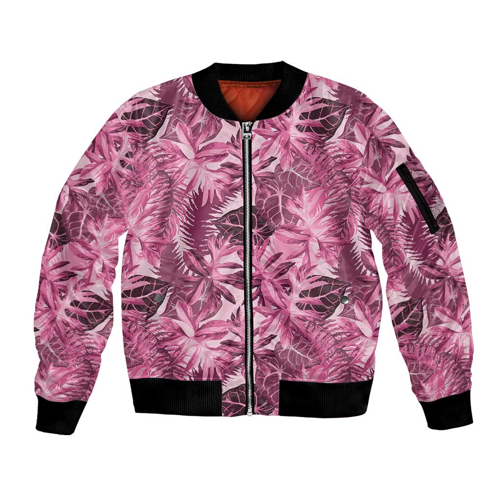 Hawaii Pink Tropical Leaves Sleeve Zip Bomber Jacket - Polynesian Pride