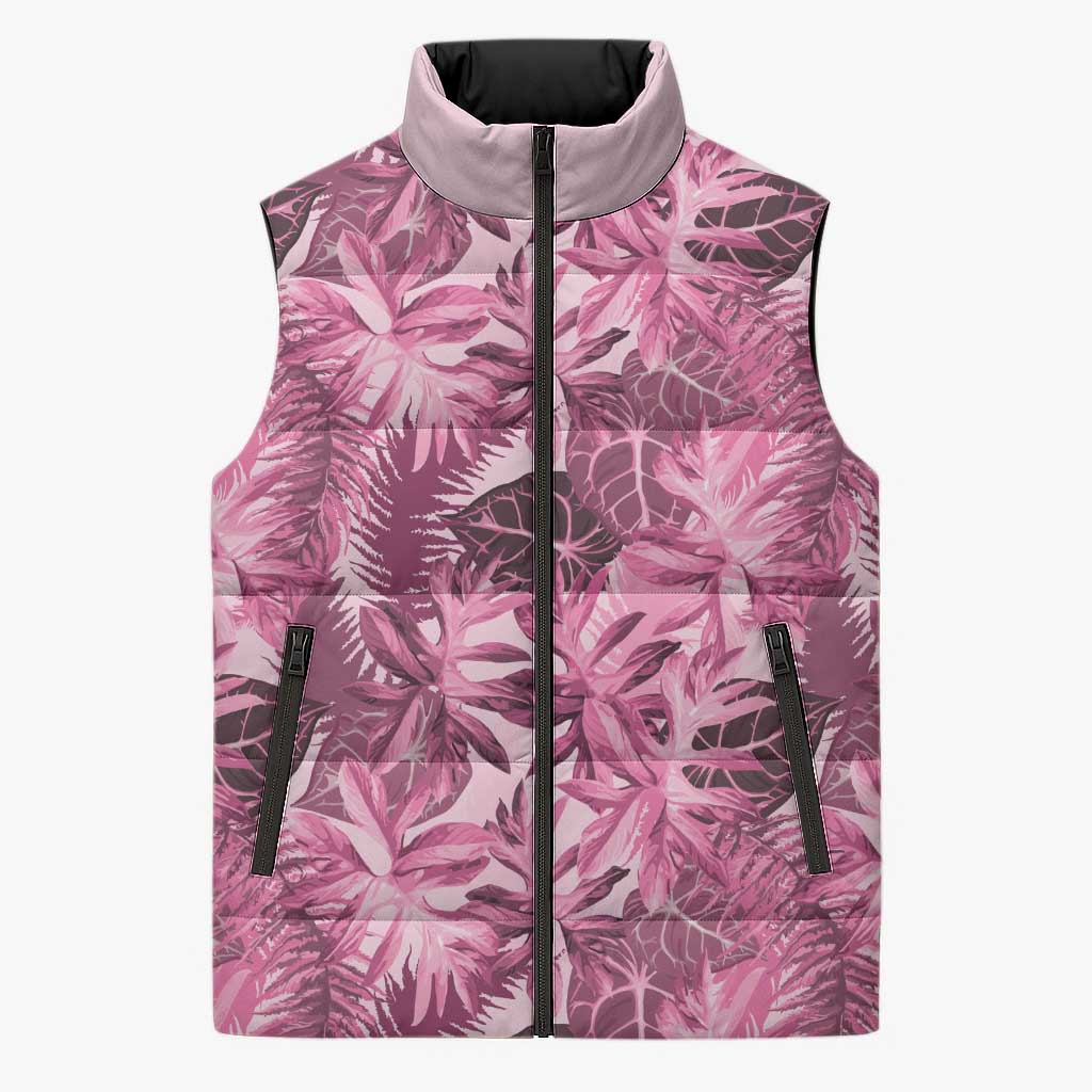 Hawaii Pink Tropical Leaves Sleeveless Puffer Jacket LT01 Unisex Pink - Polynesian Pride