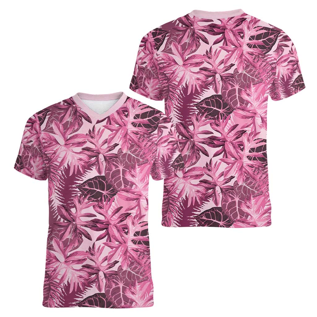 Hawaii Pink Tropical Leaves Women V-Neck T-Shirt - Polynesian Pride