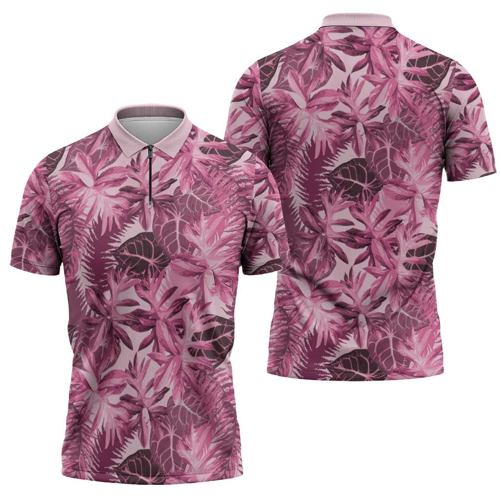 Hawaii Pink Tropical Leaves Zipper Polo Shirt - Polynesian Pride