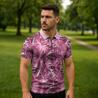 Hawaii Pink Tropical Leaves Zipper Polo Shirt - Polynesian Pride
