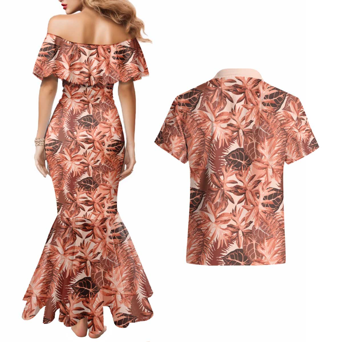 Hawaii Red Brown Tropical Leaves Couples Matching Mermaid Dress and Hawaiian Shirt - Polynesian Pride