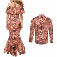 Hawaii Red Brown Tropical Leaves Couples Matching Mermaid Dress and Long Sleeve Button Shirt - Polynesian Pride