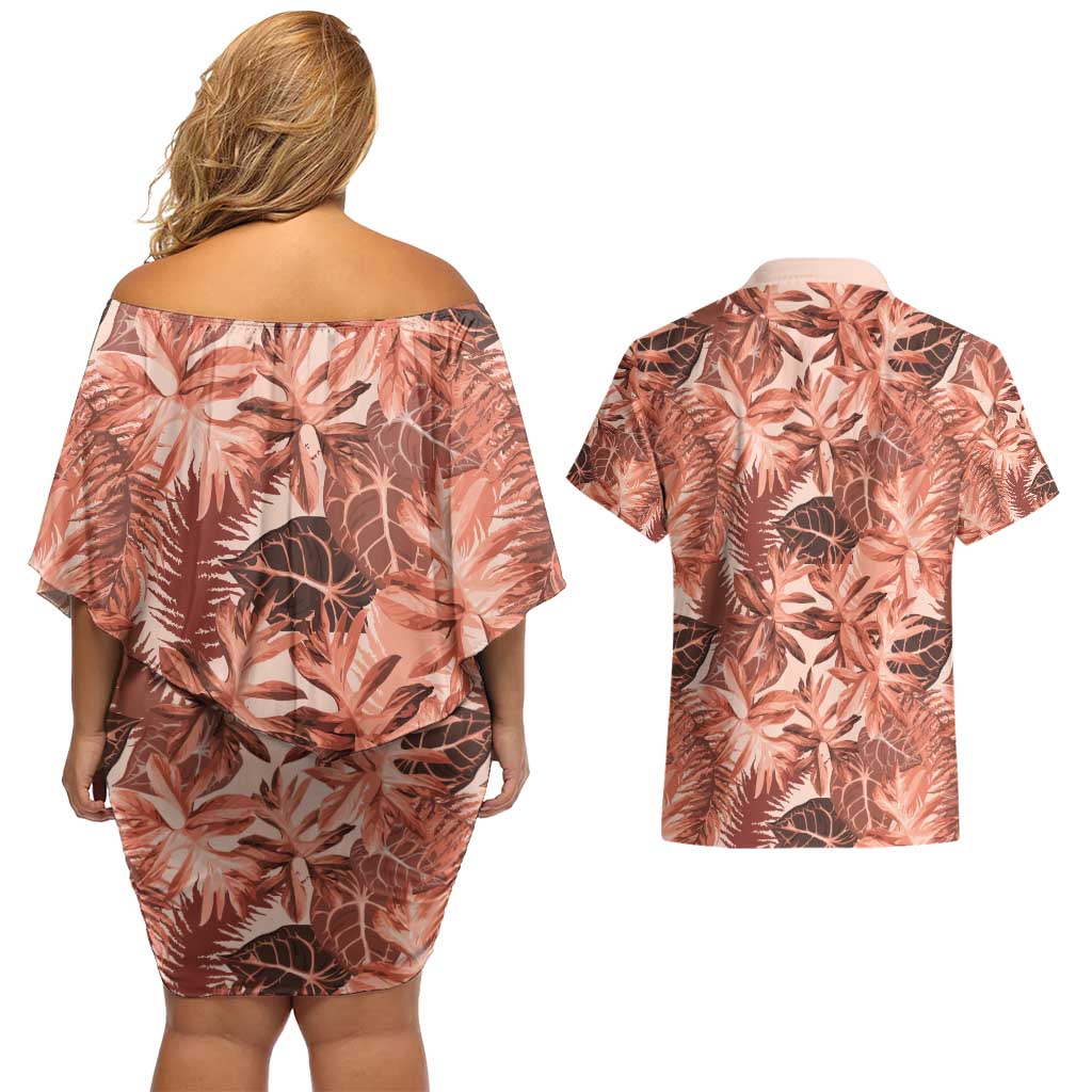 Hawaii Red Brown Tropical Leaves Couples Matching Off Shoulder Short Dress and Hawaiian Shirt - Polynesian Pride