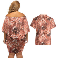 Hawaii Red Brown Tropical Leaves Couples Matching Off Shoulder Short Dress and Hawaiian Shirt - Polynesian Pride