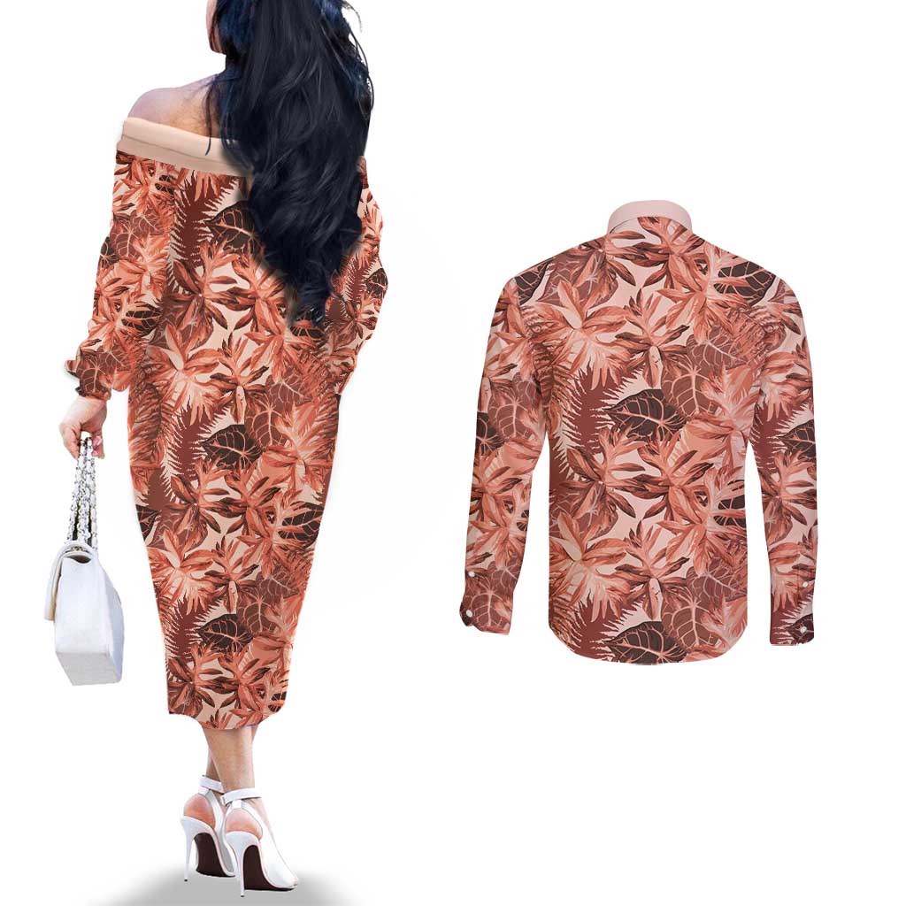 Hawaii Red Brown Tropical Leaves Couples Matching Off The Shoulder Long Sleeve Dress and Long Sleeve Button Shirt - Polynesian Pride