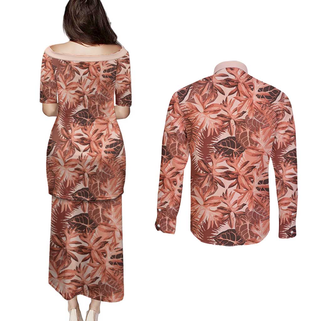 Hawaii Red Brown Tropical Leaves Couples Matching Puletasi and Long Sleeve Button Shirt - Polynesian Pride