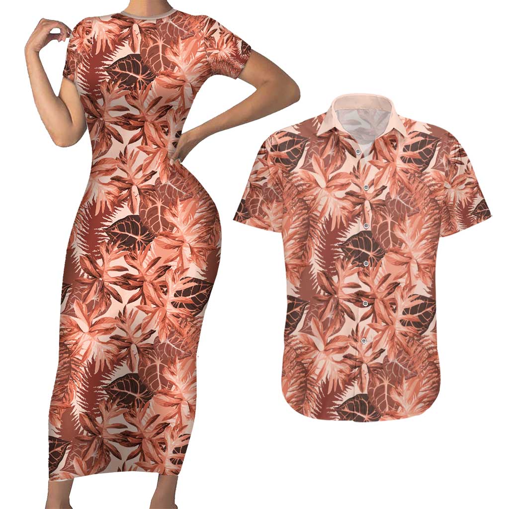 Hawaii Red Brown Tropical Leaves Couples Matching Short Sleeve Bodycon Dress and Hawaiian Shirt - Polynesian Pride