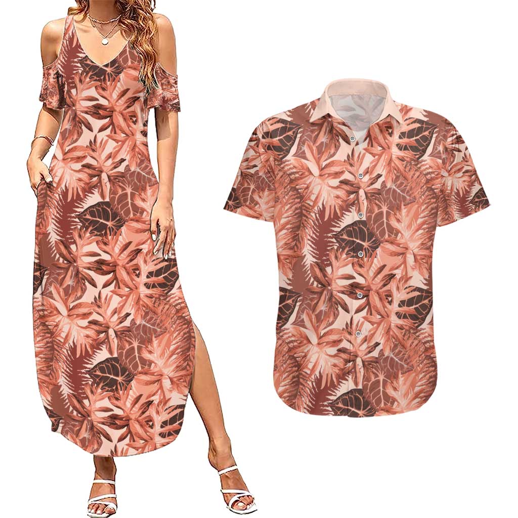 Hawaii Red Brown Tropical Leaves Couples Matching Summer Maxi Dress and Hawaiian Shirt - Polynesian Pride