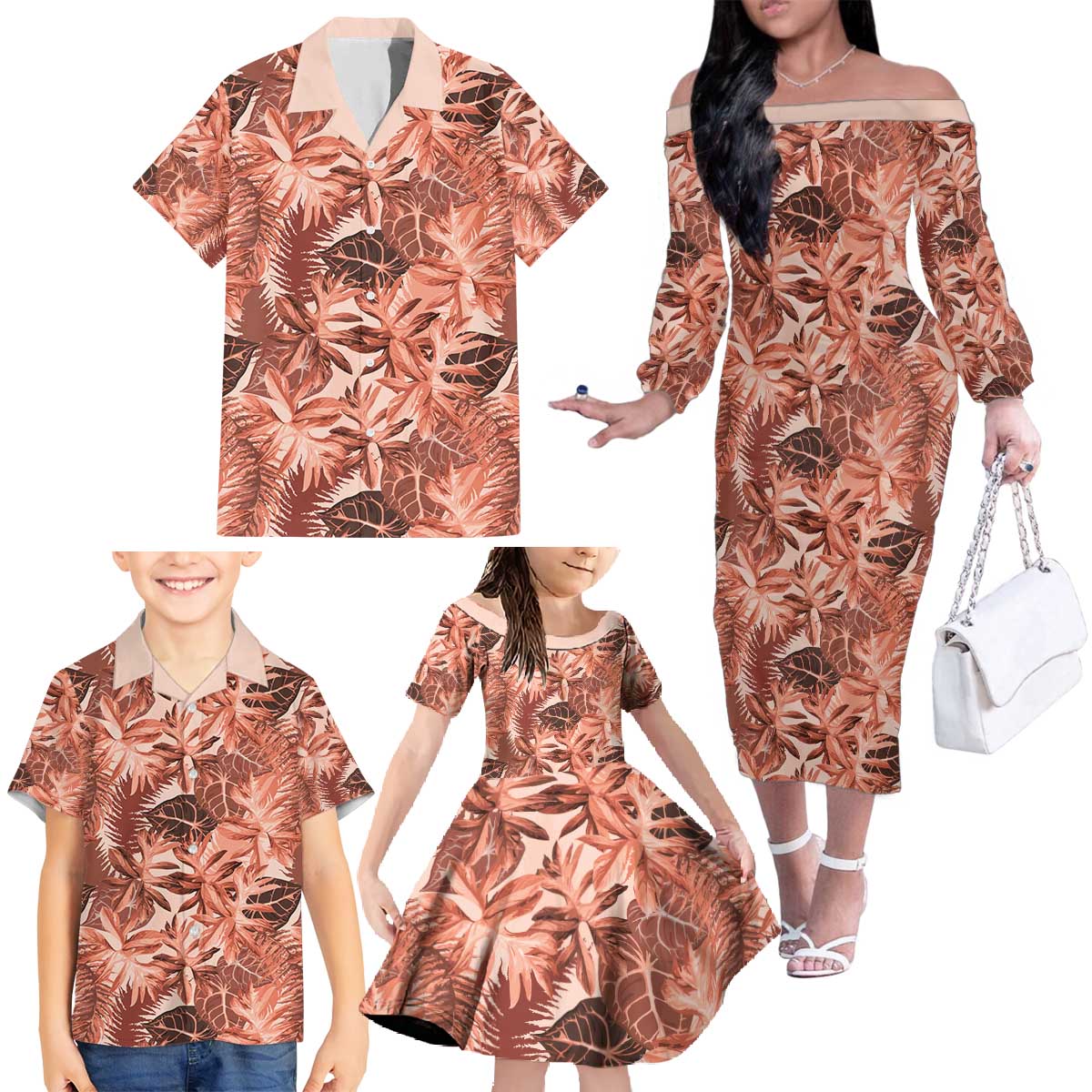 Hawaii Red Brown Tropical Leaves Family Matching Off The Shoulder Long Sleeve Dress and Hawaiian Shirt - Polynesian Pride