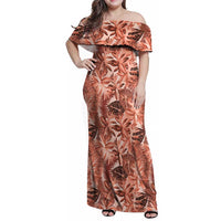 Hawaii Red Brown Tropical Leaves Family Matching Off Shoulder Maxi Dress and Hawaiian Shirt - Polynesian Pride