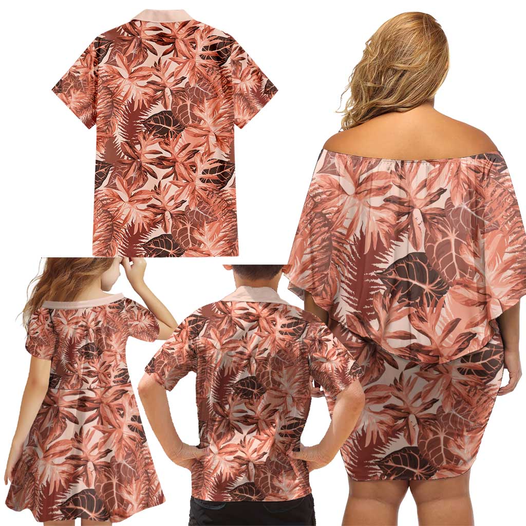 Hawaii Red Brown Tropical Leaves Family Matching Off Shoulder Short Dress and Hawaiian Shirt - Polynesian Pride