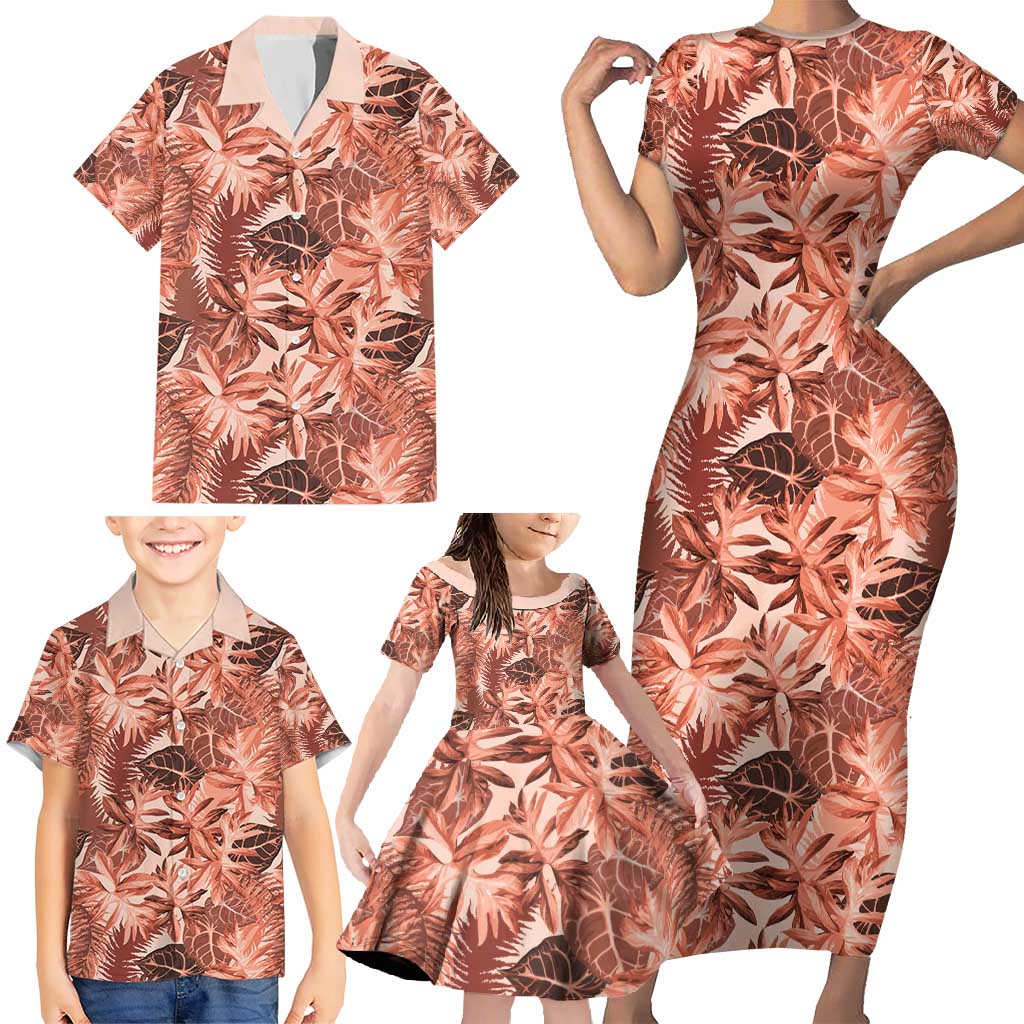 Hawaii Red Brown Tropical Leaves Family Matching Short Sleeve Bodycon Dress and Hawaiian Shirt - Polynesian Pride