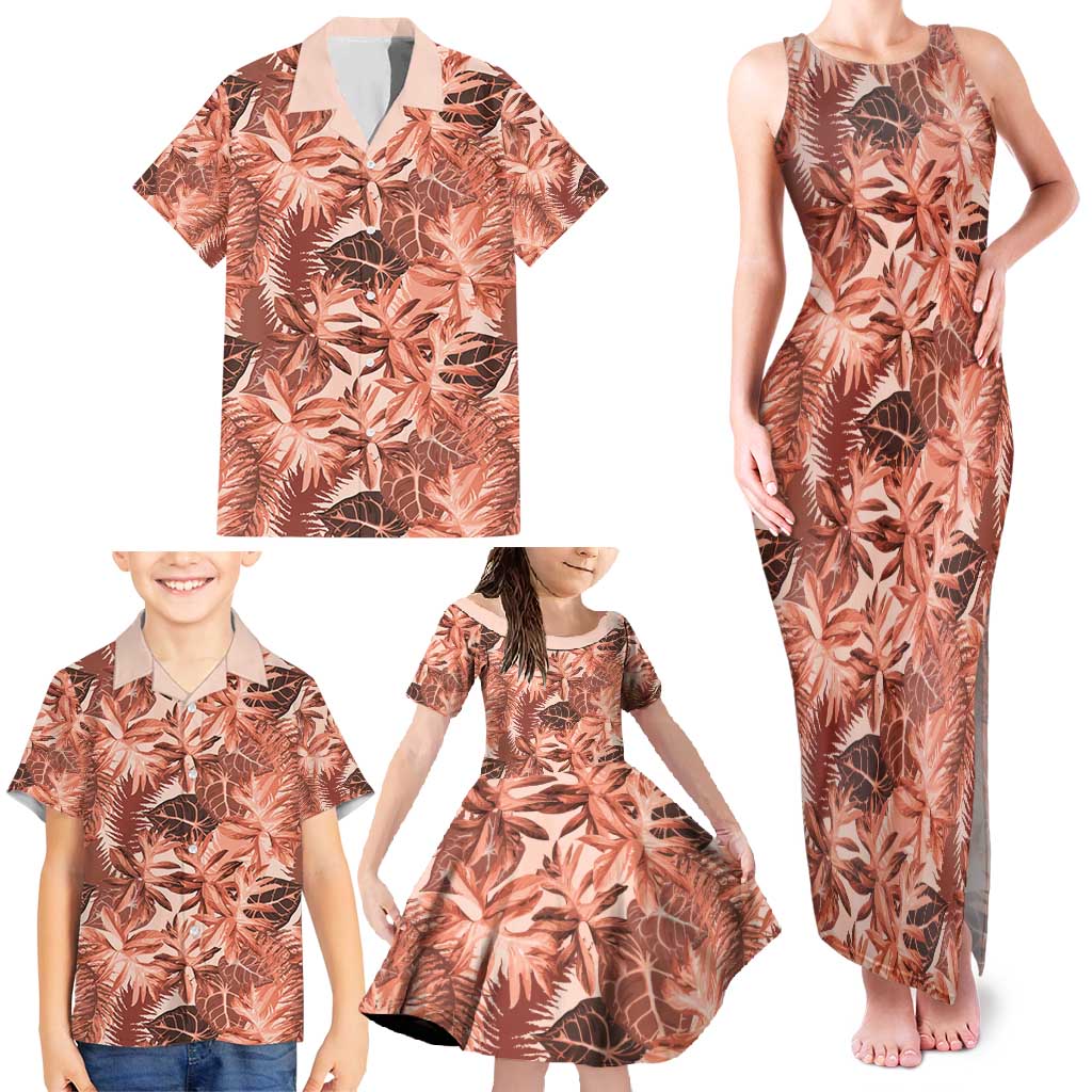 Hawaii Red Brown Tropical Leaves Family Matching Tank Maxi Dress and Hawaiian Shirt - Polynesian Pride