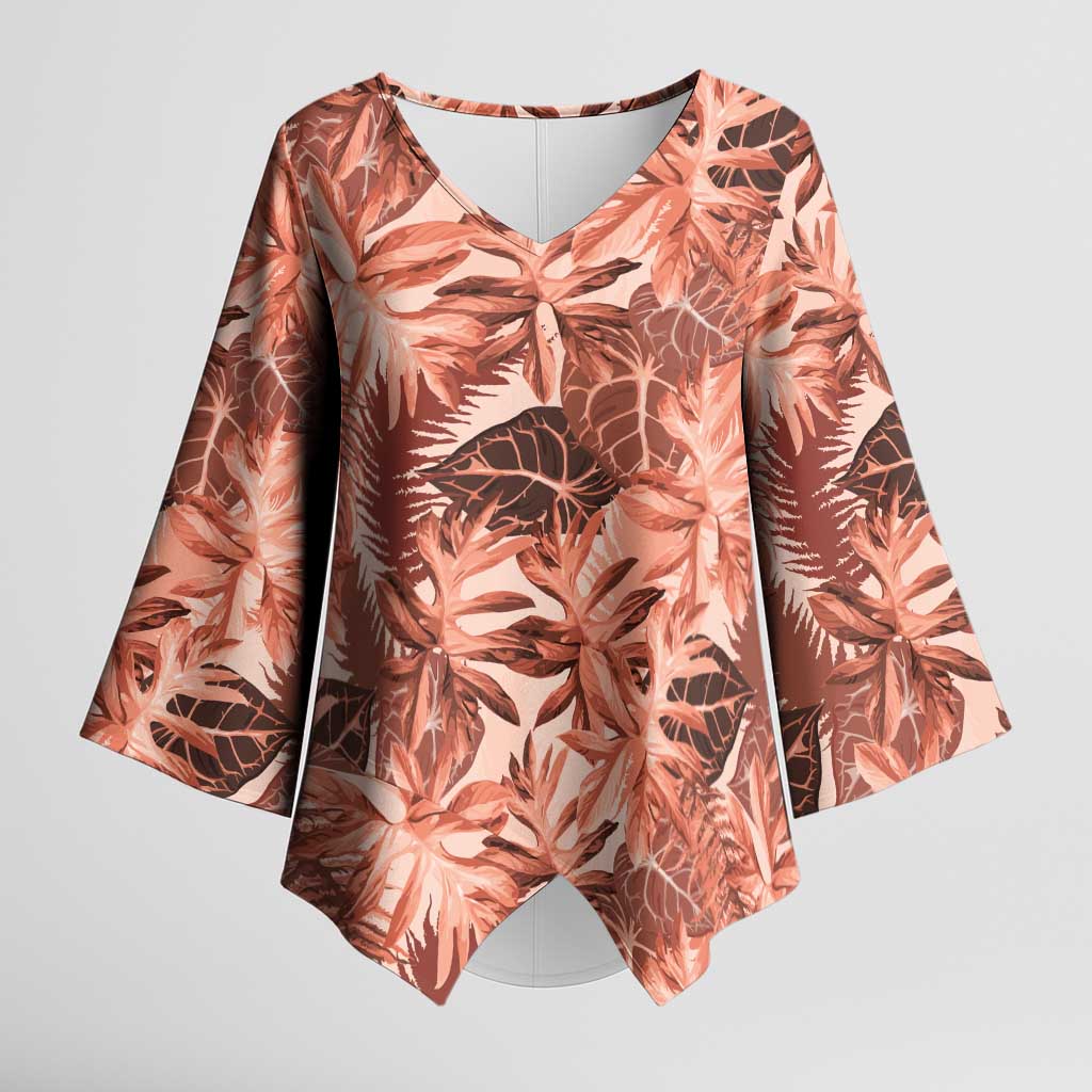 Hawaii Red Brown Tropical Leaves Kimono Sleeve Blouse - Polynesian Pride