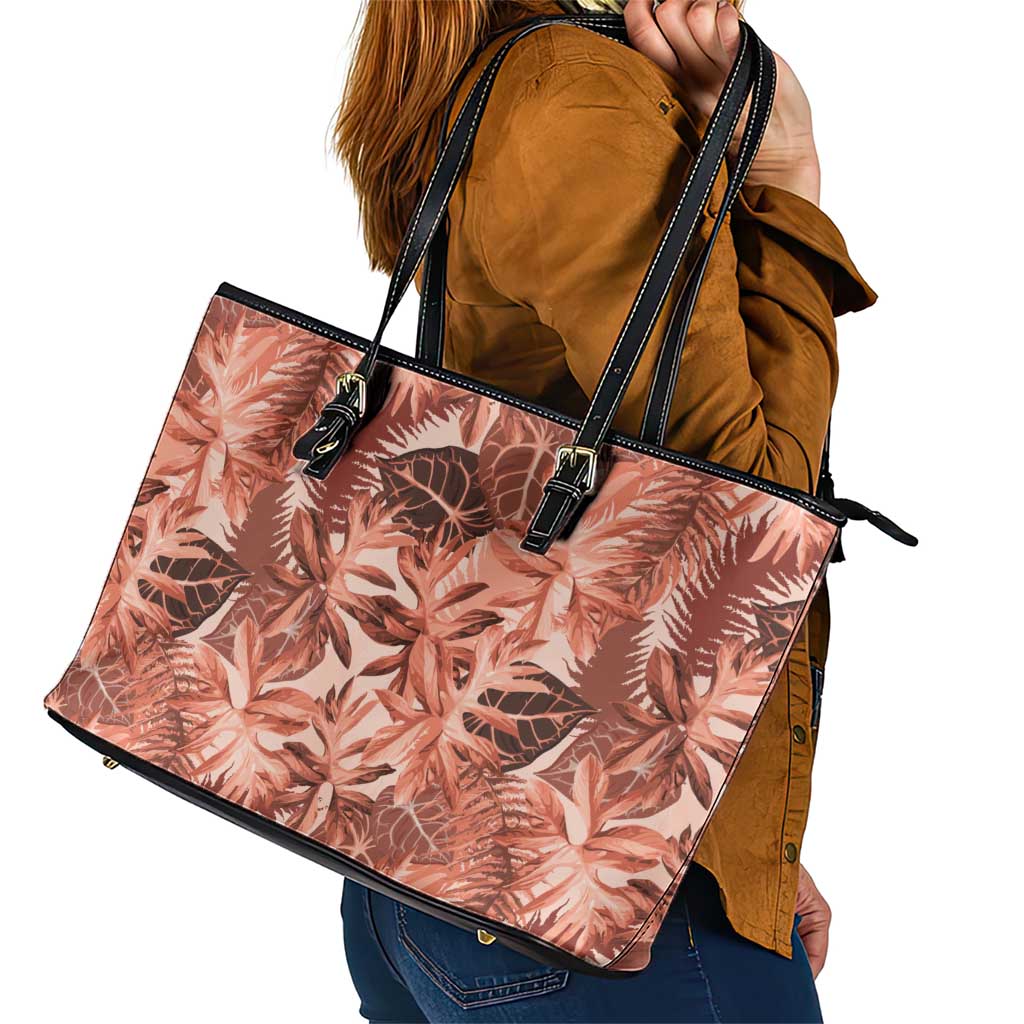 Hawaii Red Brown Tropical Leaves Leather Tote Bag - Polynesian Pride