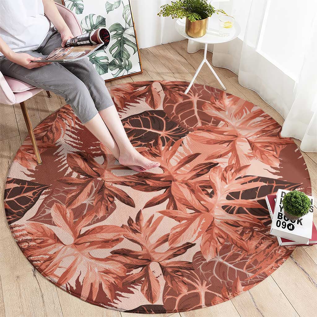Hawaii Red Brown Tropical Leaves Round Carpet - Polynesian Pride