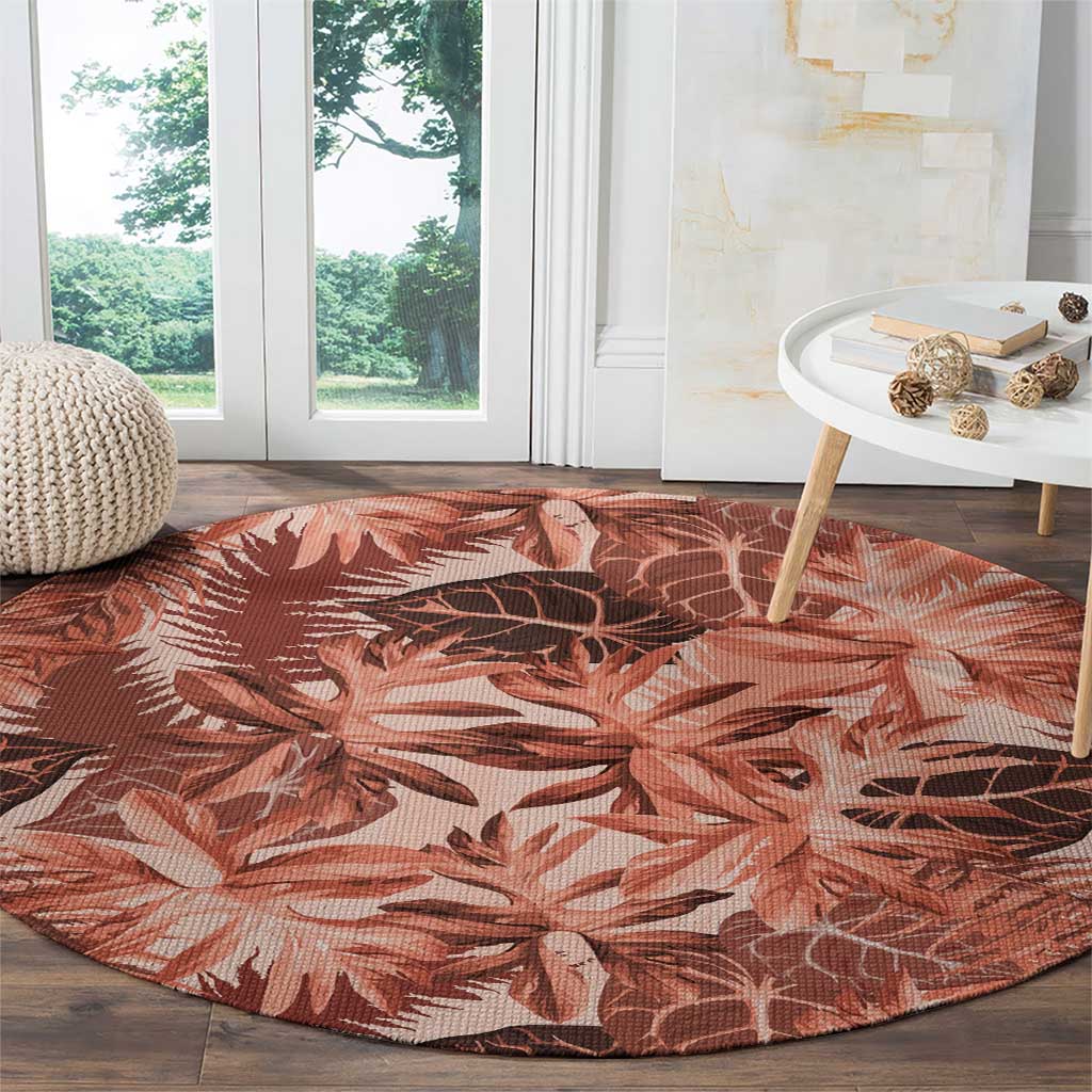 Hawaii Red Brown Tropical Leaves Round Carpet - Polynesian Pride