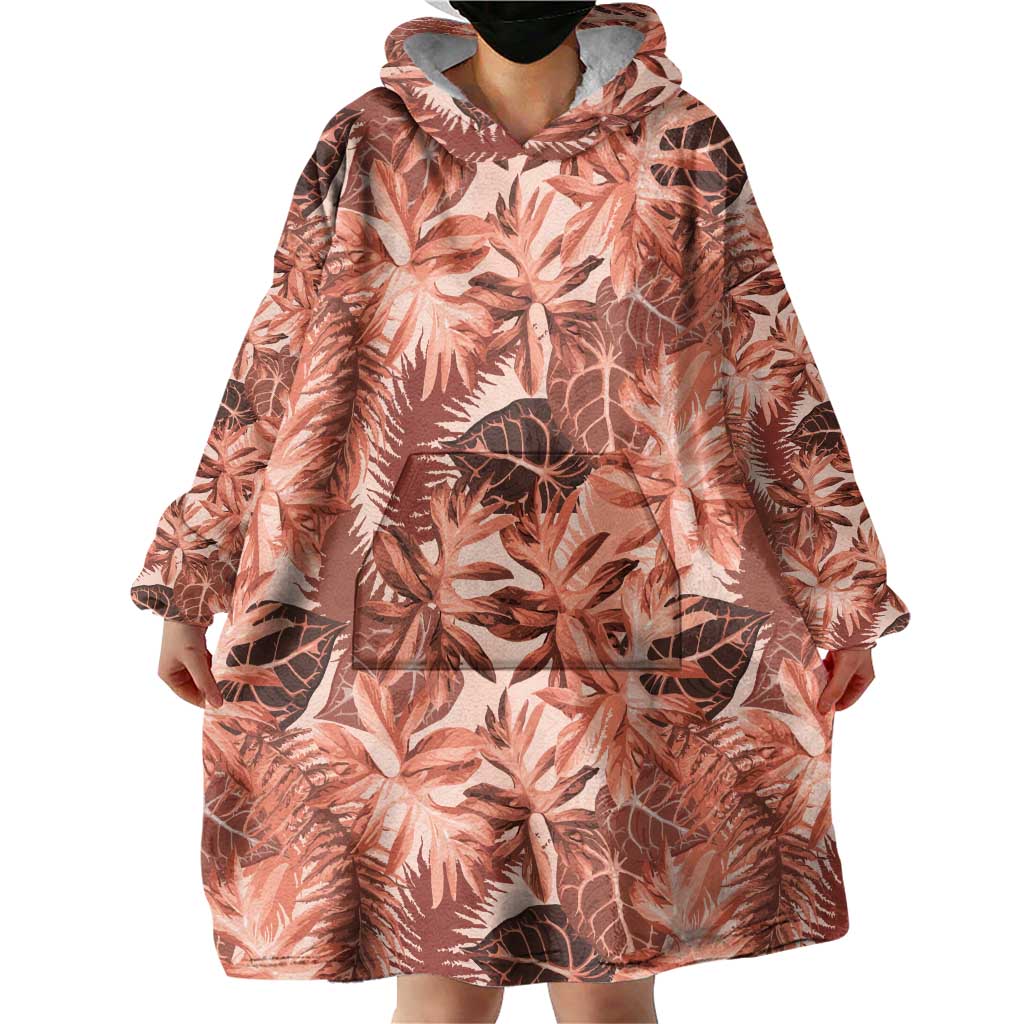 Hawaii Red Brown Tropical Leaves Wearable Blanket Hoodie - Polynesian Pride