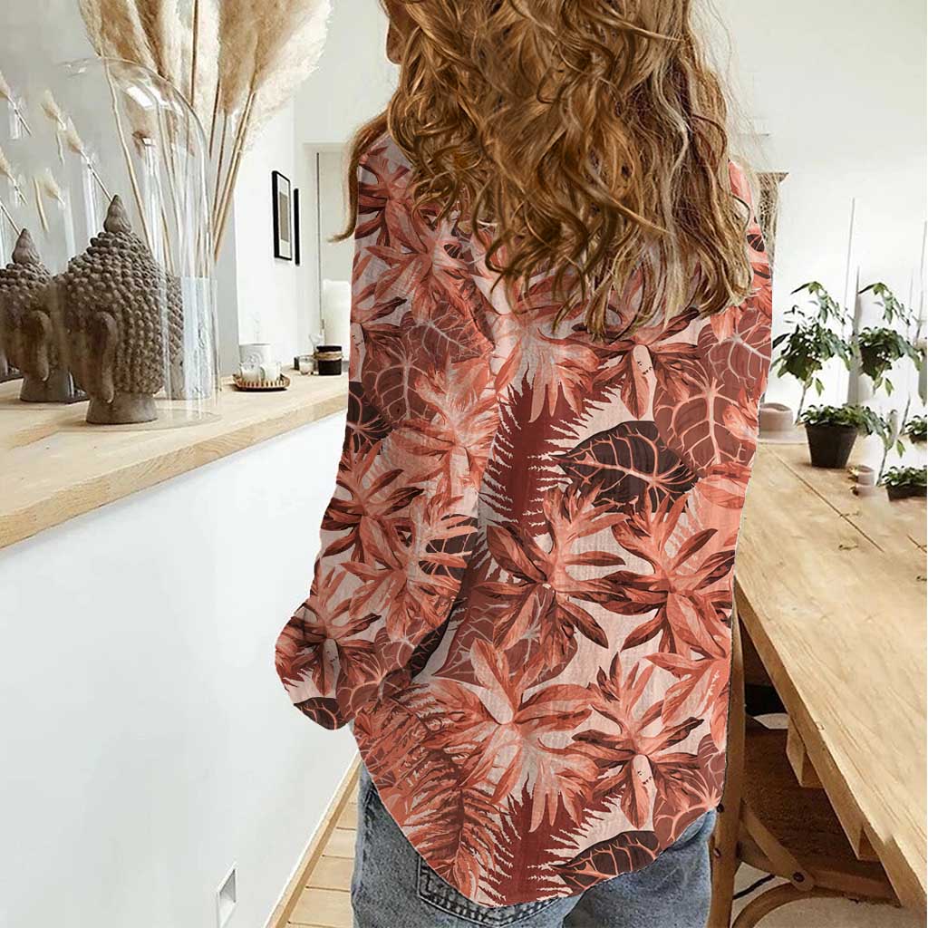 Hawaii Red Brown Tropical Leaves Women Casual Shirt - Polynesian Pride