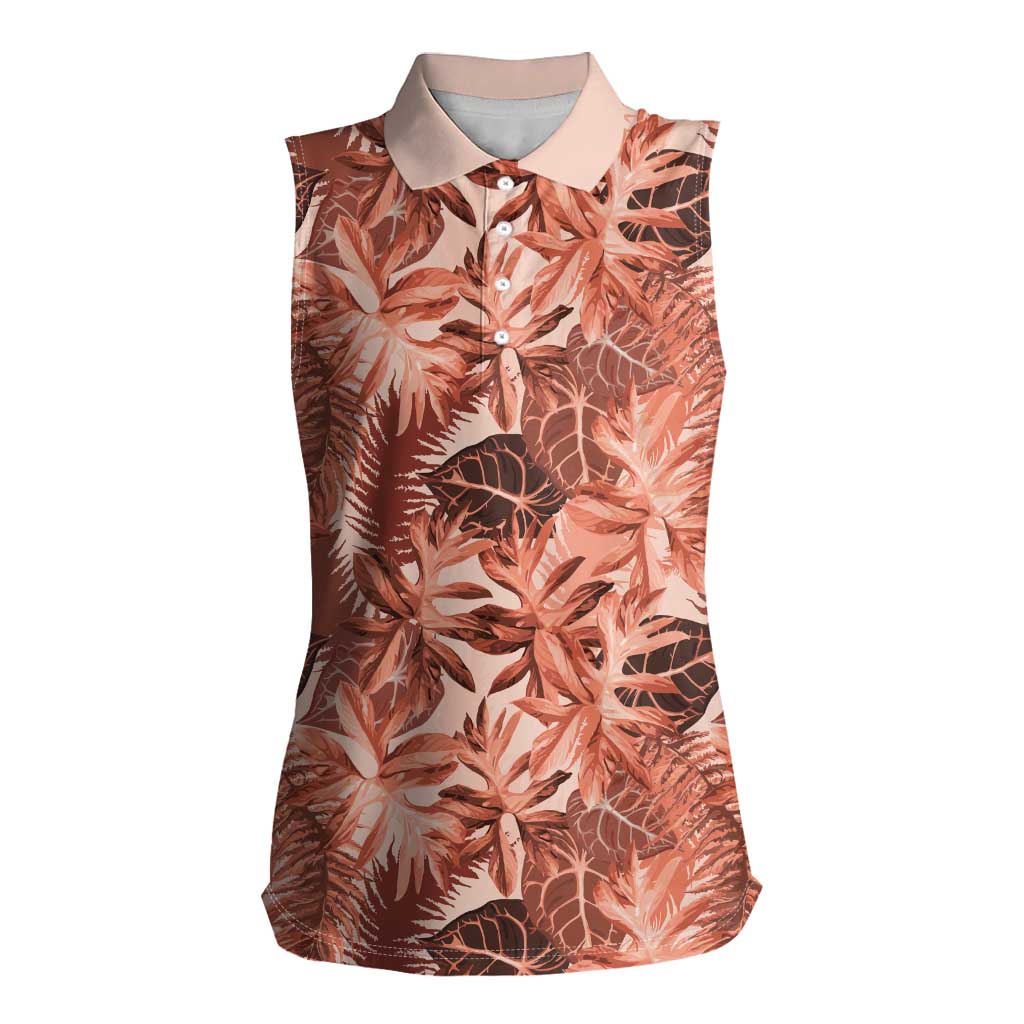 Hawaii Red Brown Tropical Leaves Women Sleeveless Polo Shirt - Polynesian Pride