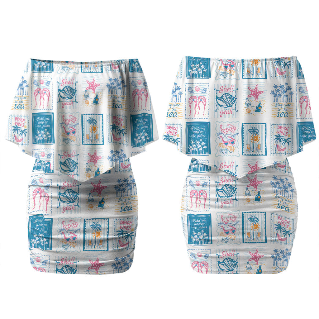 Hawaii Coastal Summer Postcard Couples Matching Off Shoulder Short Dress and Hawaiian Shirt