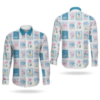 Hawaii Coastal Summer Postcard Couples Matching Off The Shoulder Long Sleeve Dress and Long Sleeve Button Shirt