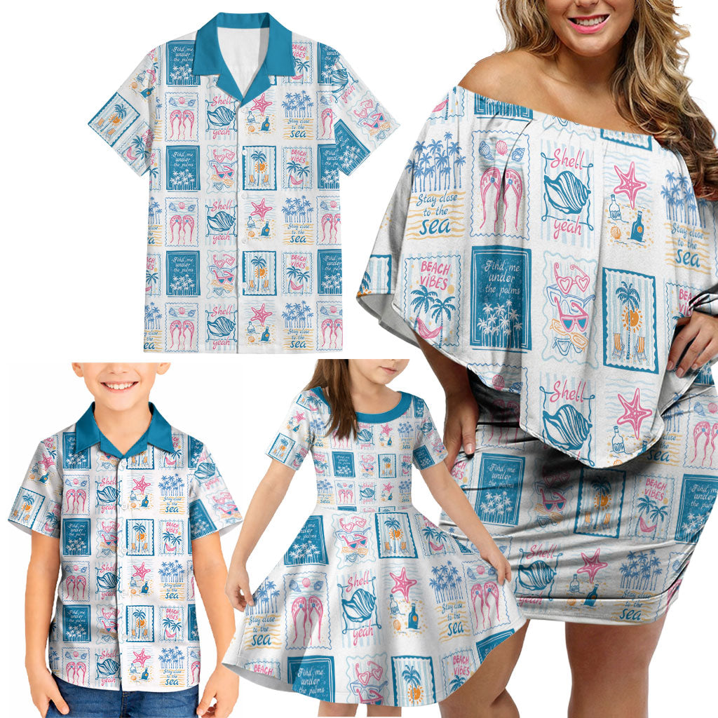 Hawaii Coastal Summer Postcard Family Matching Off Shoulder Short Dress and Hawaiian Shirt