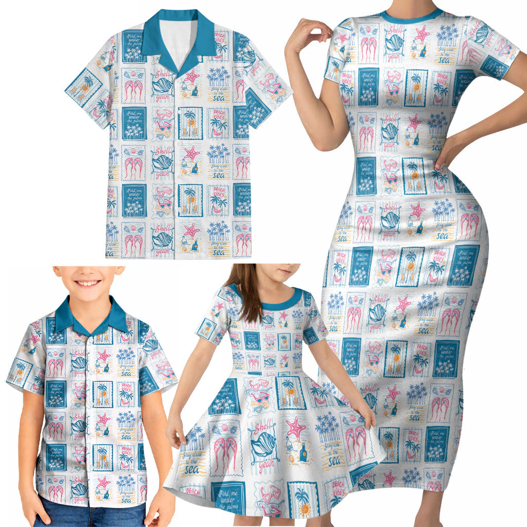Hawaii Coastal Summer Postcard Family Matching Short Sleeve Bodycon Dress and Hawaiian Shirt