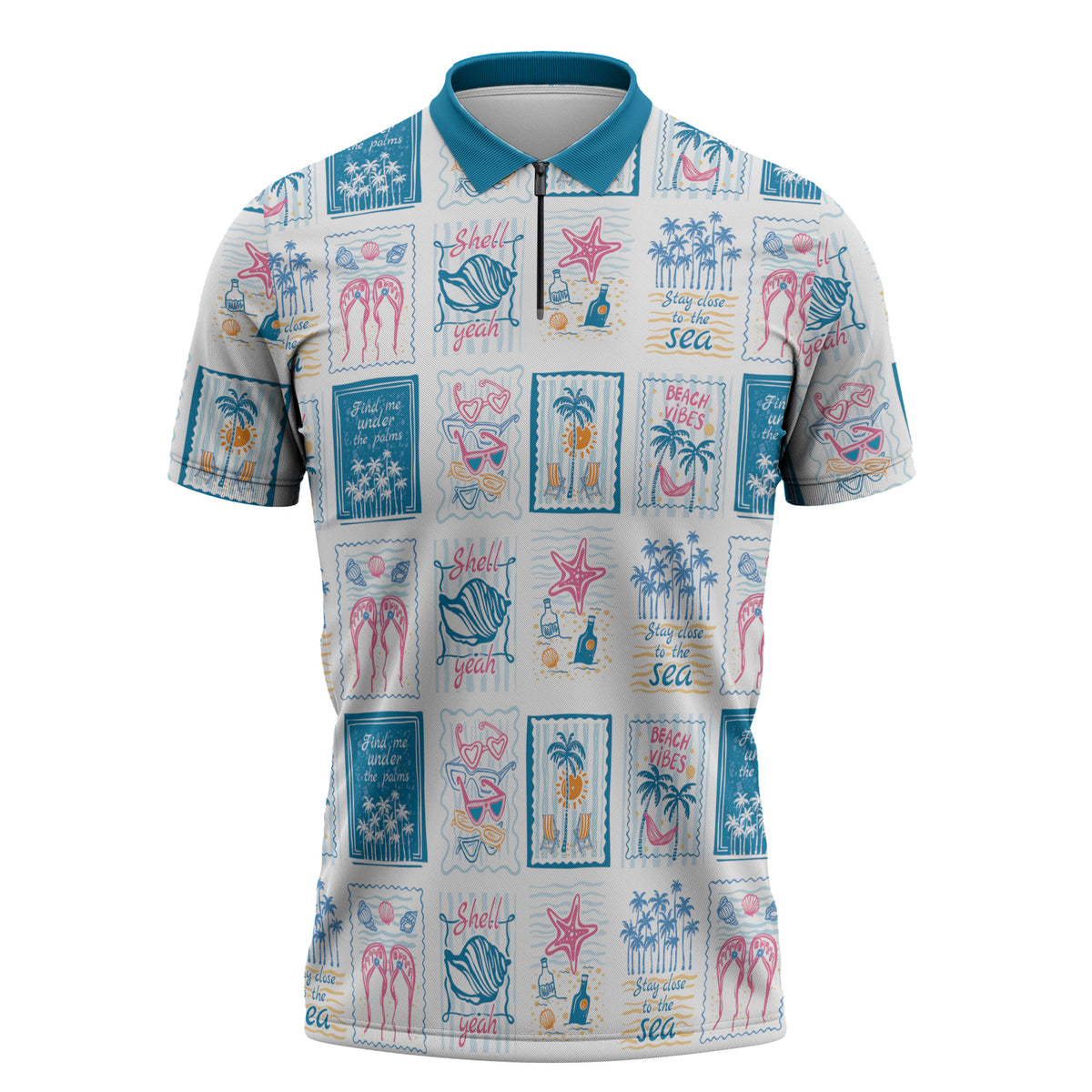Hawaii Coastal Summer Postcard Zipper Polo Shirt